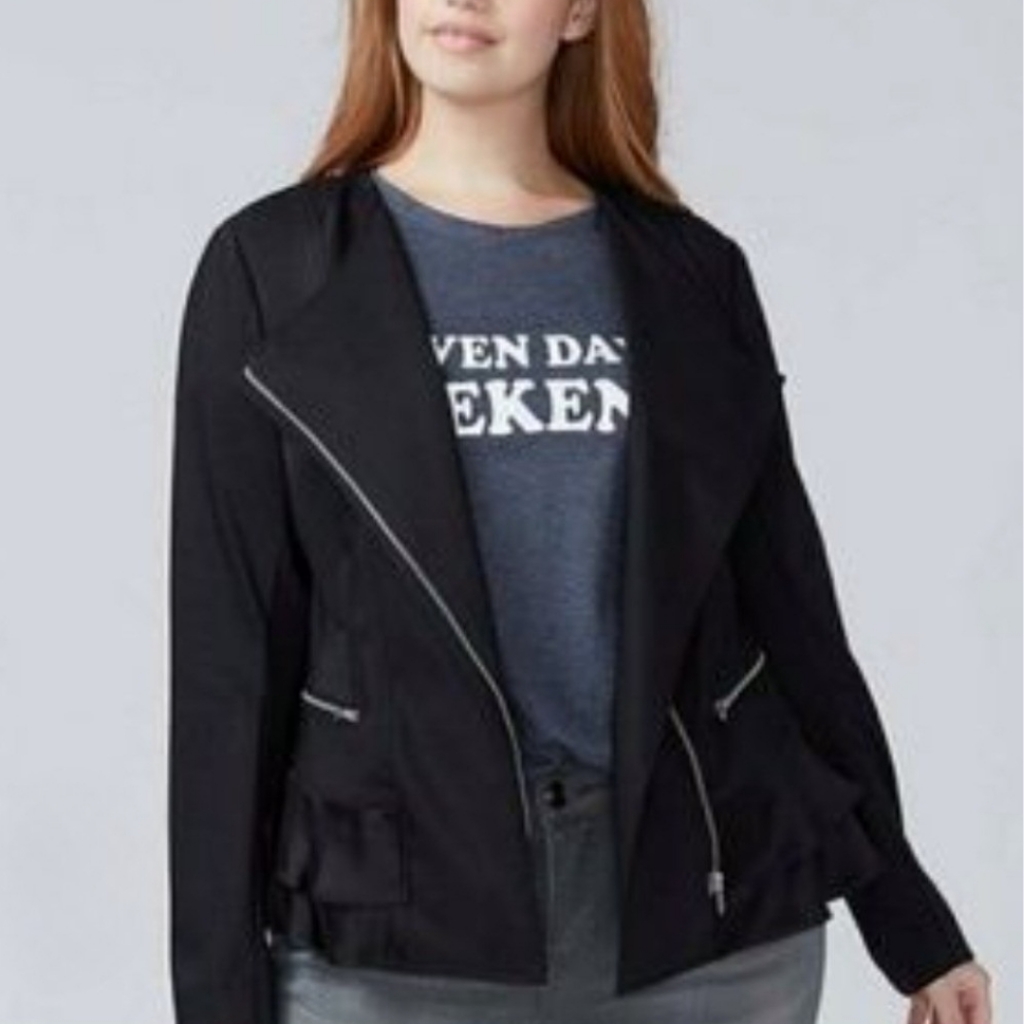 Lane Bryant 20p Black Satin Ruffle Zip Detail Blazer Jacket F-0153